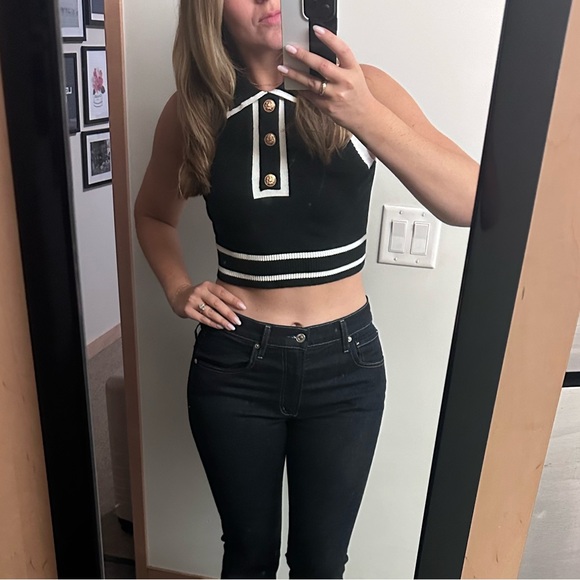 Preppy Black & White Knit Crop Top | Sleeveless Polo Style | Size S - Picture 1 of 3